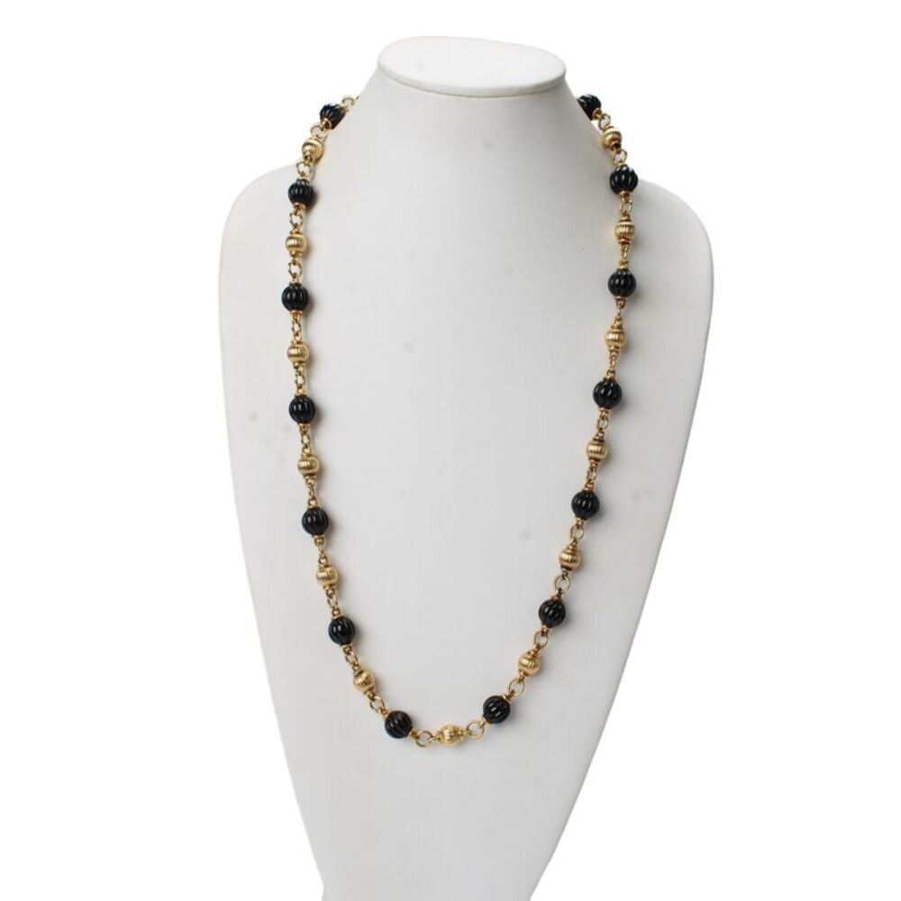 Designer Womens 18K Gold Onyx Carved Bead Station Necklace 32" 139.7g